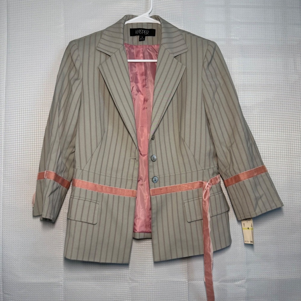 Kasper Skirt Suit 4 Gray Pink Pinstripe Ribbon Trim Blazer and Skirt Set‎ - Picture 6 of 11